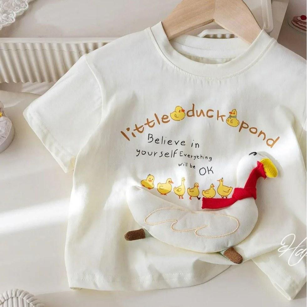

Children s 3D Plush Goose Doll Cotton T-shirt - Cute Short Sleeve Summer Top for Girls 140 cm абрикос світлого кольору