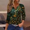 Women's Fashion Casual Christmas Tree Print V-Neck Decorative Button Three-Quarter Sleeve T-Shirt Top