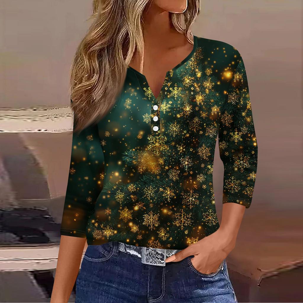 Women's Fashion Casual Christmas Tree Print V-Neck Decorative Button Three-Quarter Sleeve T-Shirt Top
