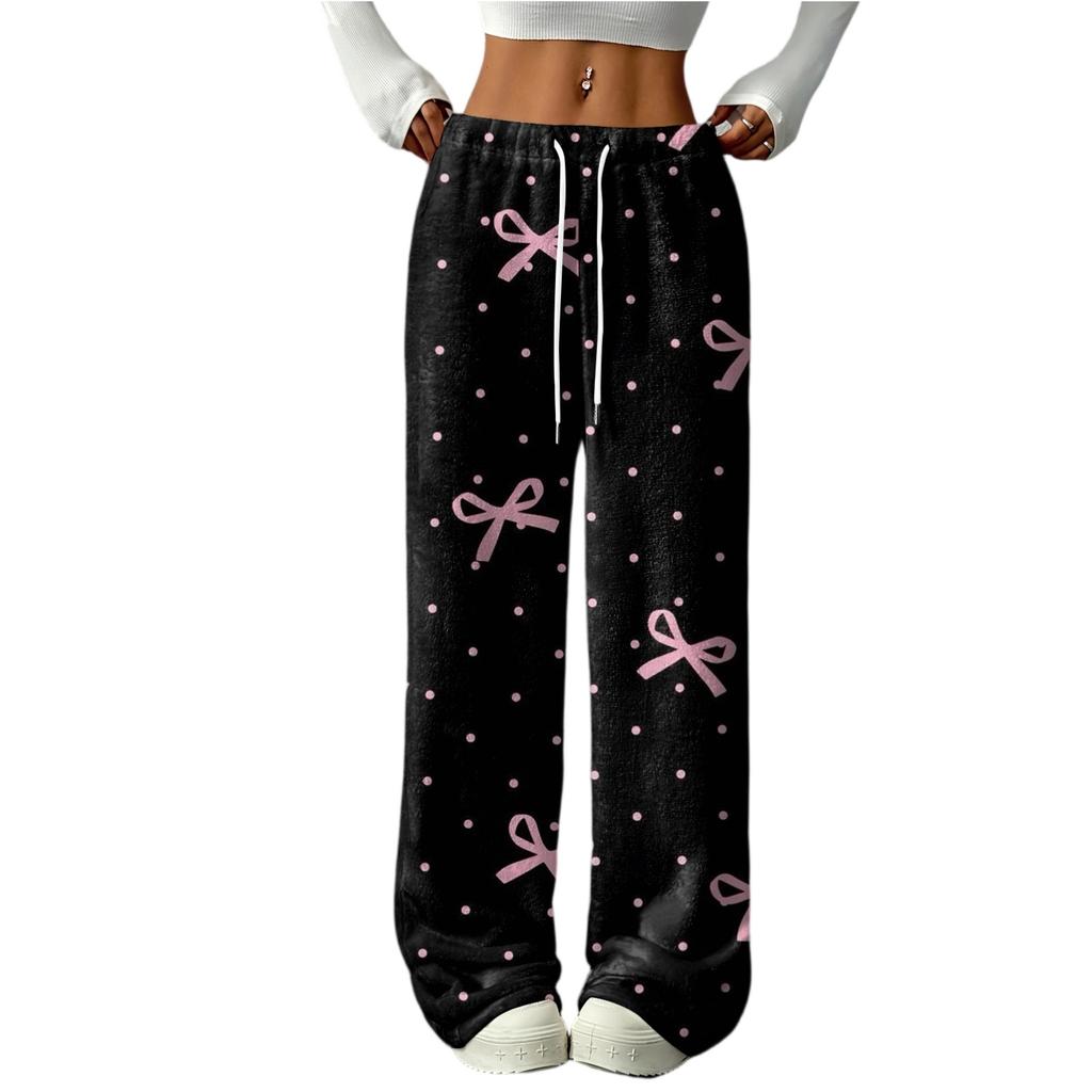 Women's Casual Fashion Printed Elastic Waist Loose Straight Leg Pants With Rope