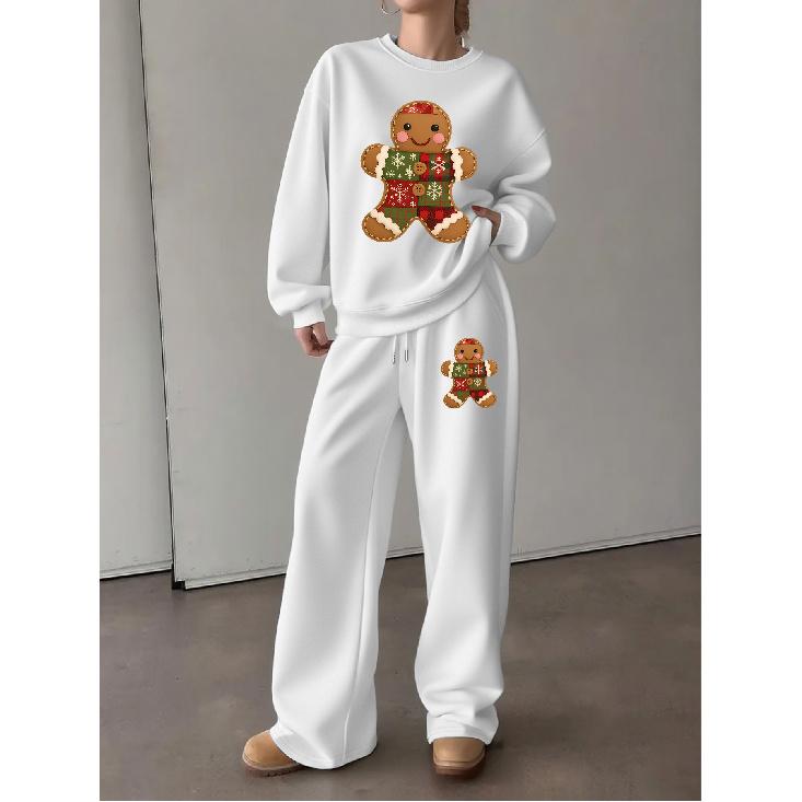 Women's Christmas Print Crewneck & Wide-Leg Pants 2-Piece Set. Soft, Chic Long-sleeve Loungewear & Athleisure for Fall/winter.
