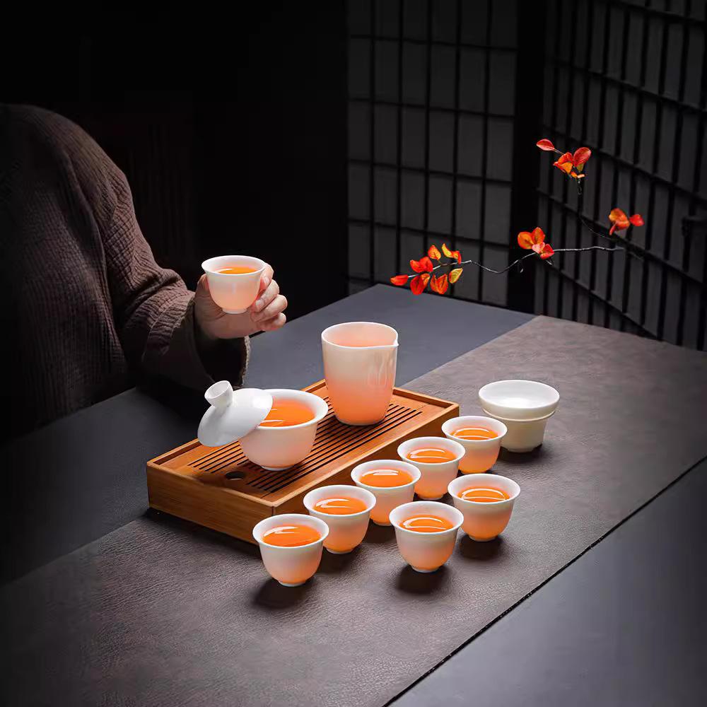 Dehua white porcelain suet jade kung fu tea set, simple and portable for home use, business event souvenir, opening gift