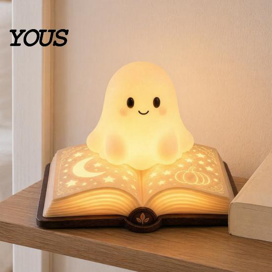 Lâmpada de Mesa Figurine Fantasma Livro Mágico Luz Noturna, Resina de Mesa Brilho Quente com Lua Luz Fofa Estrela em Relevo, Mesinha de Cabeceira para Dormir para Crianças