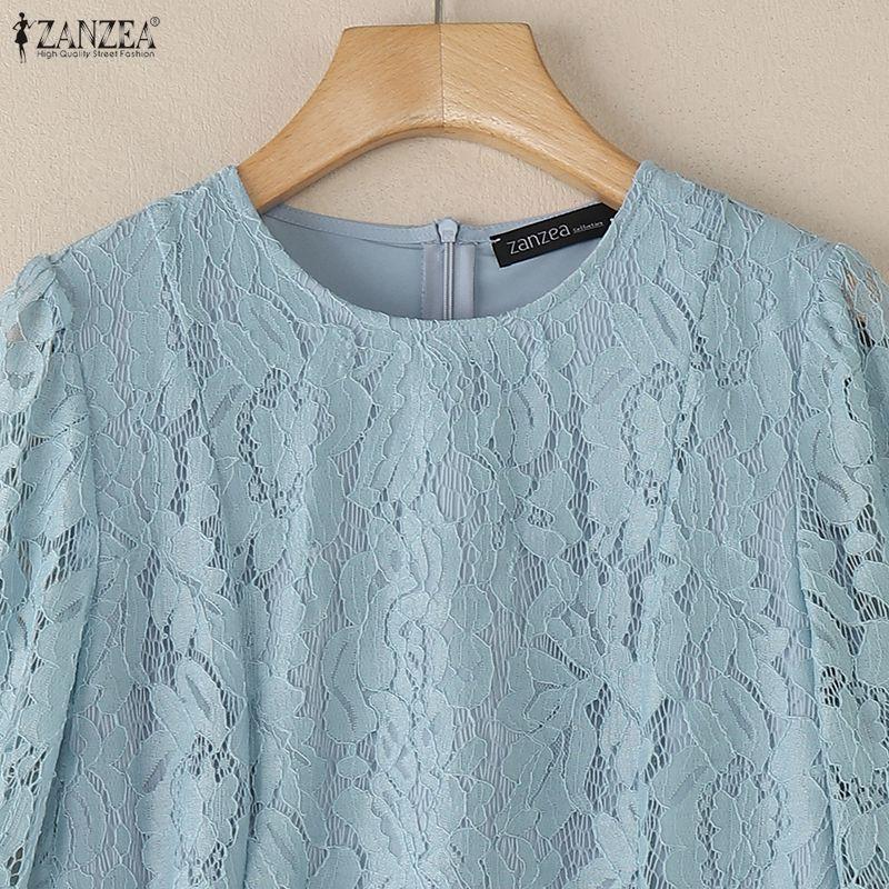 ZANZEA Kadın Günlük Yuvarlak Yaka 3/4 Kol Dantel Patchwork Bluz