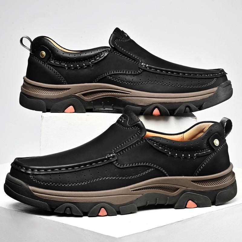 Men's Thick Sole Wear-Resistant Leather Hiking Loafers - Slip-On Casual Shoes