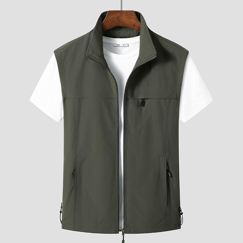 

New Minimalist Trendy Men s Summer Solid Color Lapel Shoulder Outdoor Leisure Loose Pocket Work Vest Sleeveless Jacket 5XL армія зелений колір