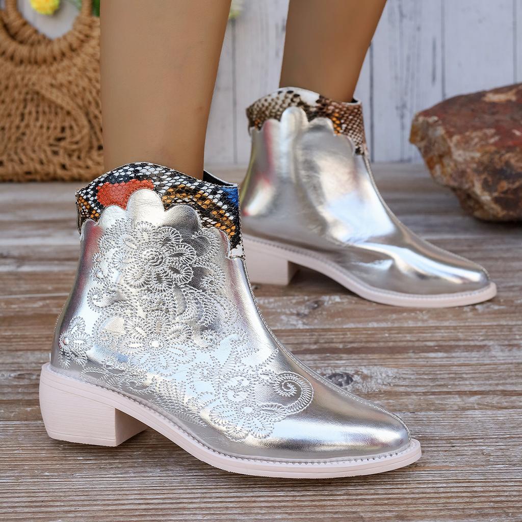 Women's Single Boots Spring and Autumn New Pointy Embroidery Color Matching Short Boots Fashion Increase Non-slip Western Boots