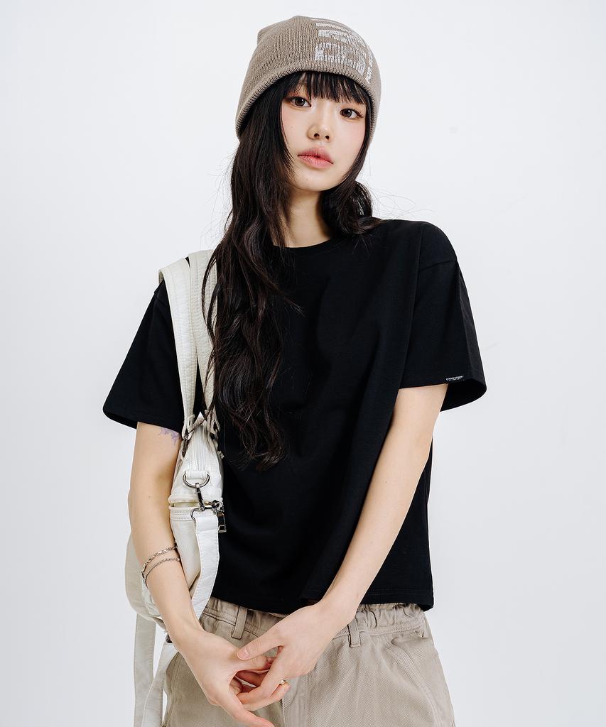 LEMAIN SECOND Crop Plain Oversized Short Sleeve T-Shirt [Black]