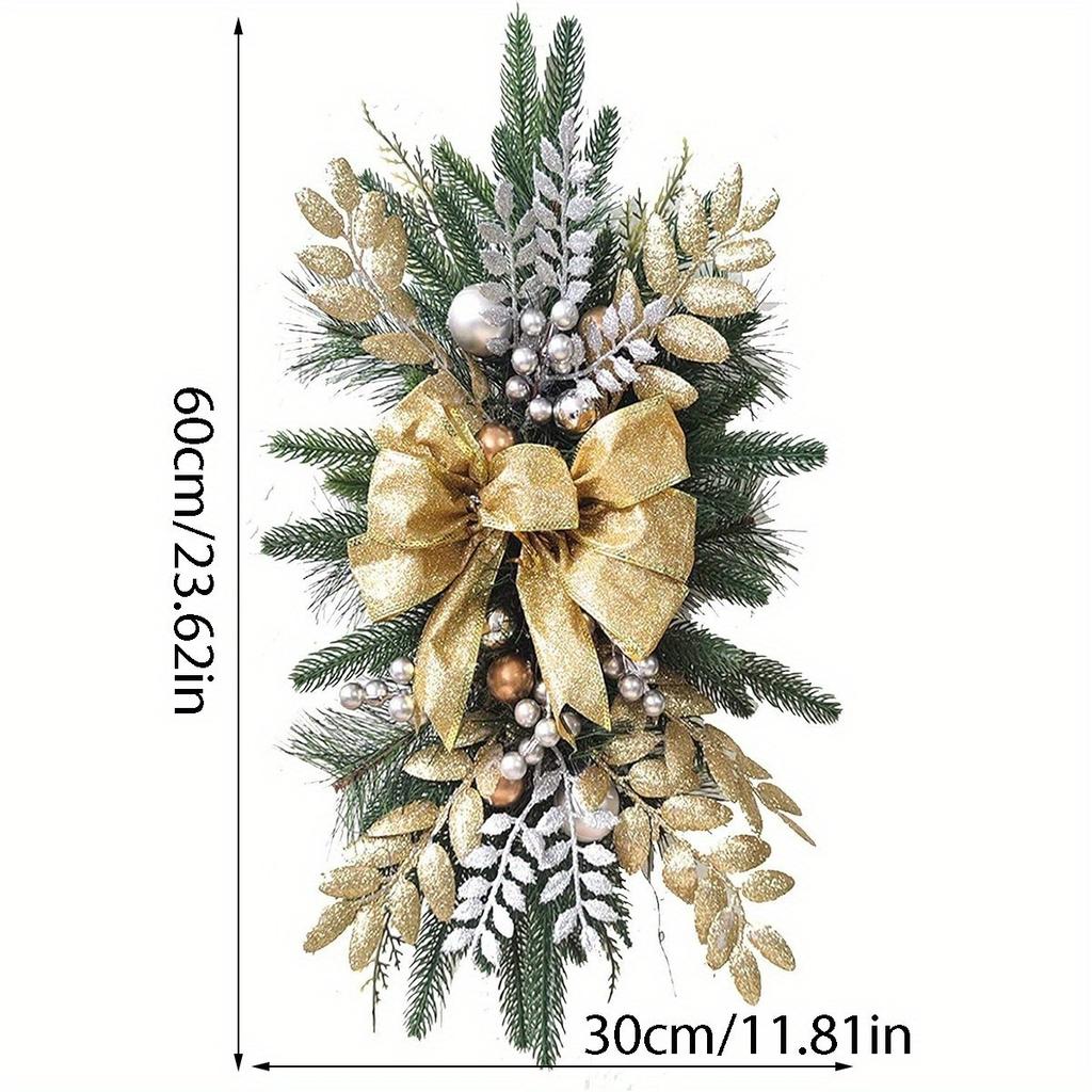 1Pc Artificial Christmas Teardrop Swag Christmas Wreath with Christmas Balls&Bow Large Garland Swag Ornament for Front Door Windows Wall Hanging Decor