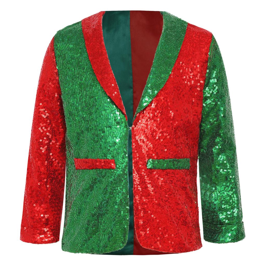 Kids Unisex Christmas Coat Shiny Sequins Lapel Collar Long Sleeve Jacket Latin Jazz Disco Dance Costume