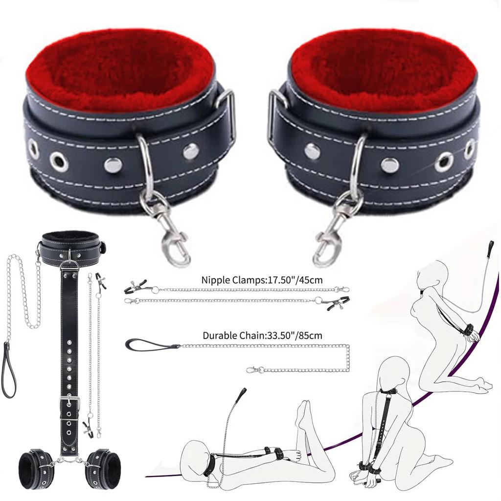 WomanTraction Chain Backhandcuff Bra Clip Kits  Handcuff Restraint Nipple Clamps Sex Toy Set SM Slave Cosplay Collar Leash