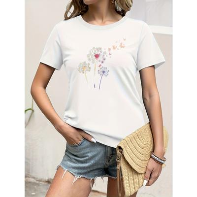 Maglietta estiva da donna casual a girocollo, a maniche corte e traspirante, con stampa colorata di dente di leone e farfalle, taglie europee.