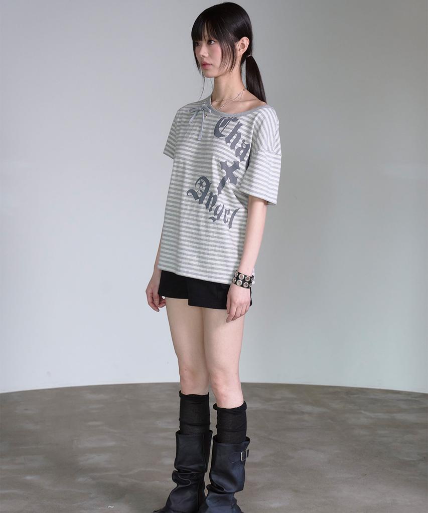 PRENDA Ribbon Tie Eyelet Striped Tee Ivory