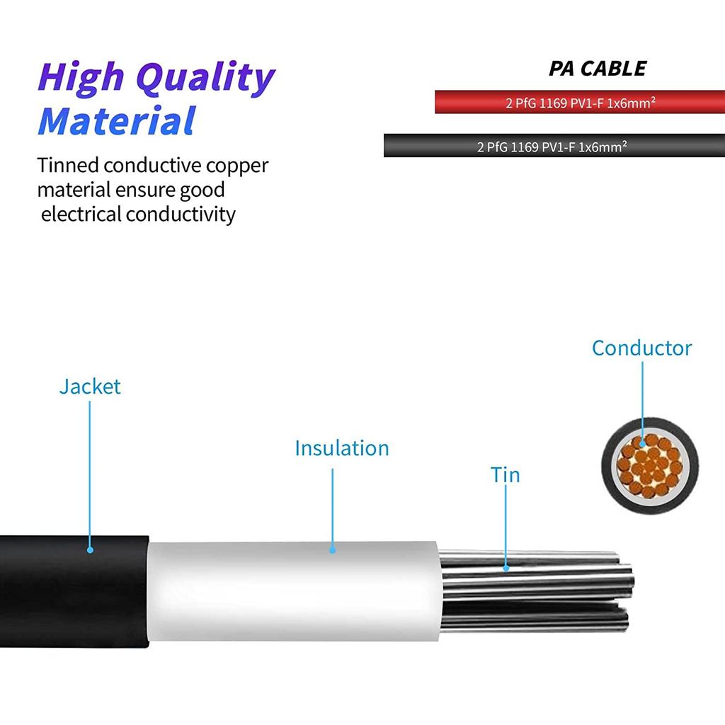 12 AWG-4mm2 Solar Panel Extension Cable Copper Wire Black and Red with Solar Connector Solar PV Cable