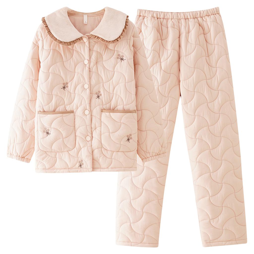 Three-layer Thickened Pajamas Women's Coral Fleece Padded Cotton Loose Warm Loungewear Flannel Fleece Winter Padded Jacket Set