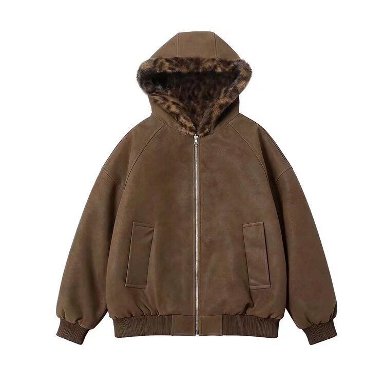 Men's Double-Sided Hooded Leopard Print Cotton Jacket with PU Leather, Thickened and Warm for Winter