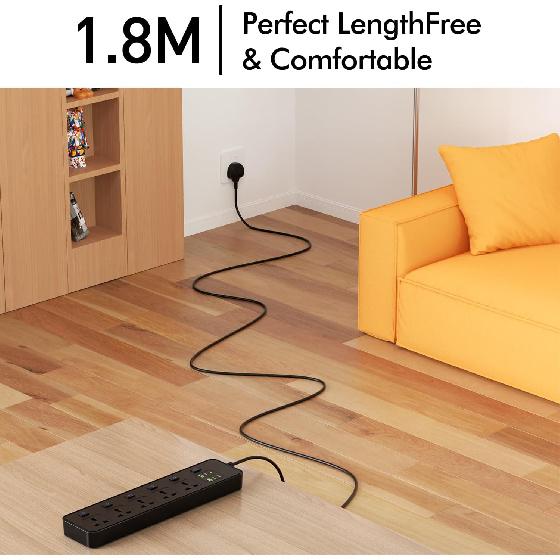 Universal Power Strip with USB Ports, Individual Swtich, 6ft Power Cord, 5 Universal AC Outlets, 4USB C and 2USB (5V/4.2A), Max 3000w, 110-240V,