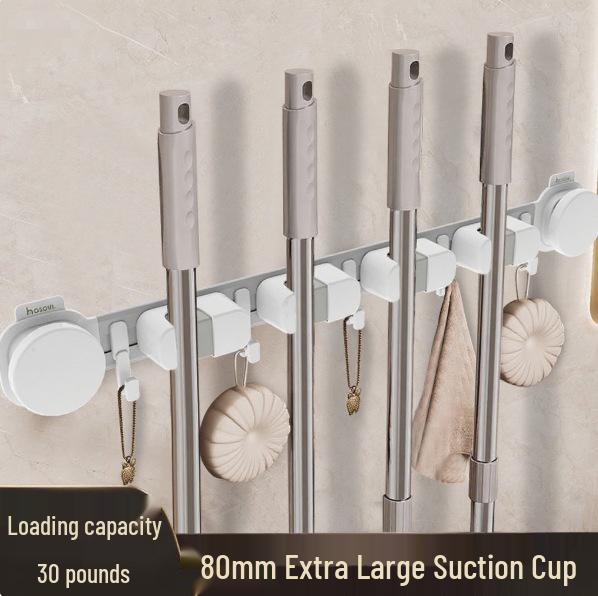Strong Suction Mop Holder: No-Drill, Traceless, Wall Mount Clip for Kitchen or Bathroom with Widened, Movable, Load-Bearing Hook.