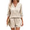 Women Fashion Casual 2 Piece Set V Neck Long Sleeve Shirts And Drawstring Shorts Sets