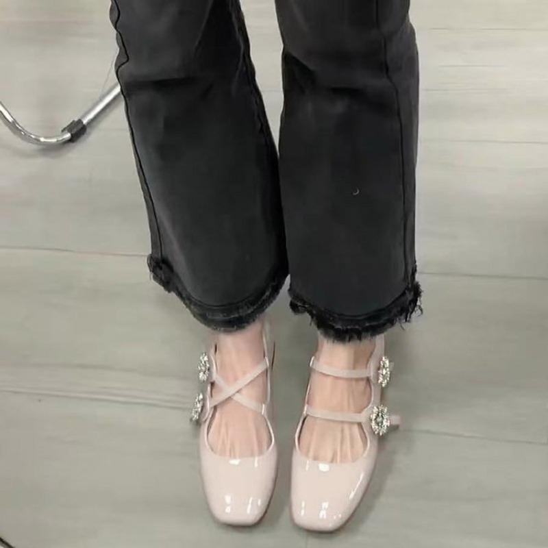 Fashion Spring New Style Thick Heel Shoes for Women Square Head Shallow Mouth Diamond-like Buckle Soft Sole Non-slip Mid-heel Shoes