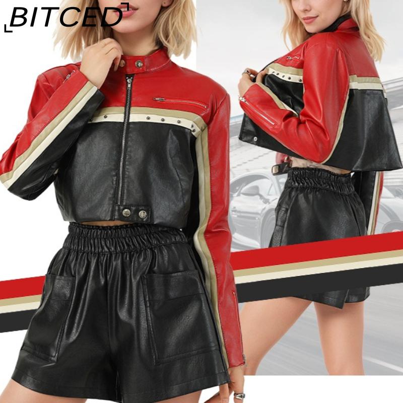 BITCED Color-Blocked PU Leather Waist-Exposing Cool-Chic Women's Jacket Biker Outfit