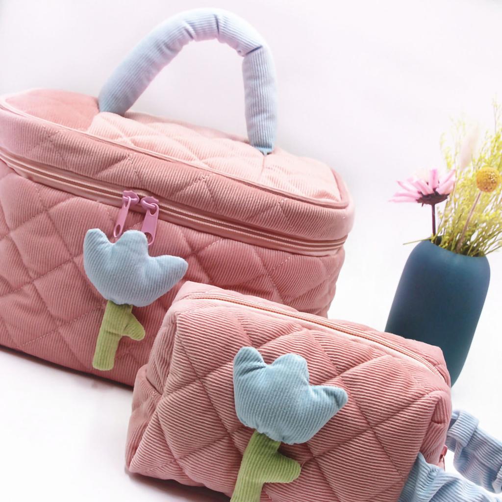 Cosmetic Bag Corduroy Tulip Large Capacity Portable Lovely Toiletry Storage Bag for Girls Pink Large
