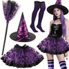 Conjunto de Disfraz de Bruja de Halloween para Mujer 4 Piezas Falda Tutú Sombrero de Bruja Escoba Calcetines Rayados Hasta el Muslo Atuendo de Cosplay para Fiesta Máscara Disfraces