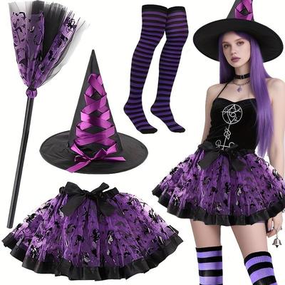 Dámský kostým čarodějnice na Halloween 4dílná sada: Tutu sukně, Klobouk čarodějnice, Koště, Pruhované podkolenky, Cosplay oblečení na párty, Maškarní, Potřeby pro převlékání