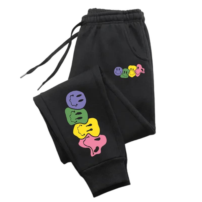 Cute Smiling Face Printed Versatile Comfortable Women Long Pant Fitness Jogging Trousers Drawstring Pockets Sweatpants