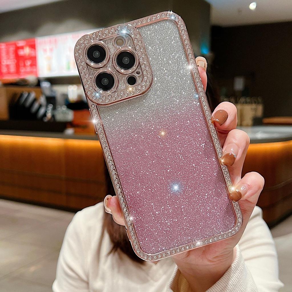 For iPhone 16 Pro Case Glitter Phone Case Rhinestone Decor Electroplating Protective Cover