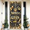 Black Gold Birthday Queen Door Cover Banner 71 X 35 Inch Happy Birthday Backdrop Photography Background Decoration for Women Girls Birthday Party