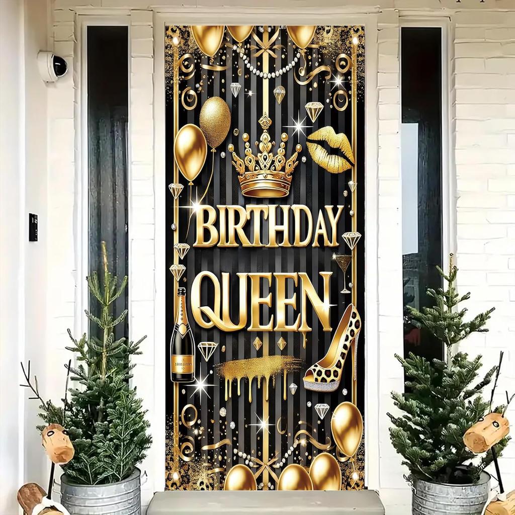Black Gold Birthday Queen Door Cover Banner 71 X 35 Inch Happy Birthday Backdrop Photography Background Decoration for Women Girls Birthday Party