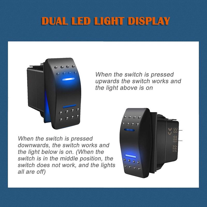12V/20A 24V/10A Vodotěsný kolébkový přepínač pro lodě, 7pinový SPST, přepínač ON-OFF-ON, dvojité LED světlo pro auto, nákladní automobil, obytný vůz, lodní a nákladní automobil