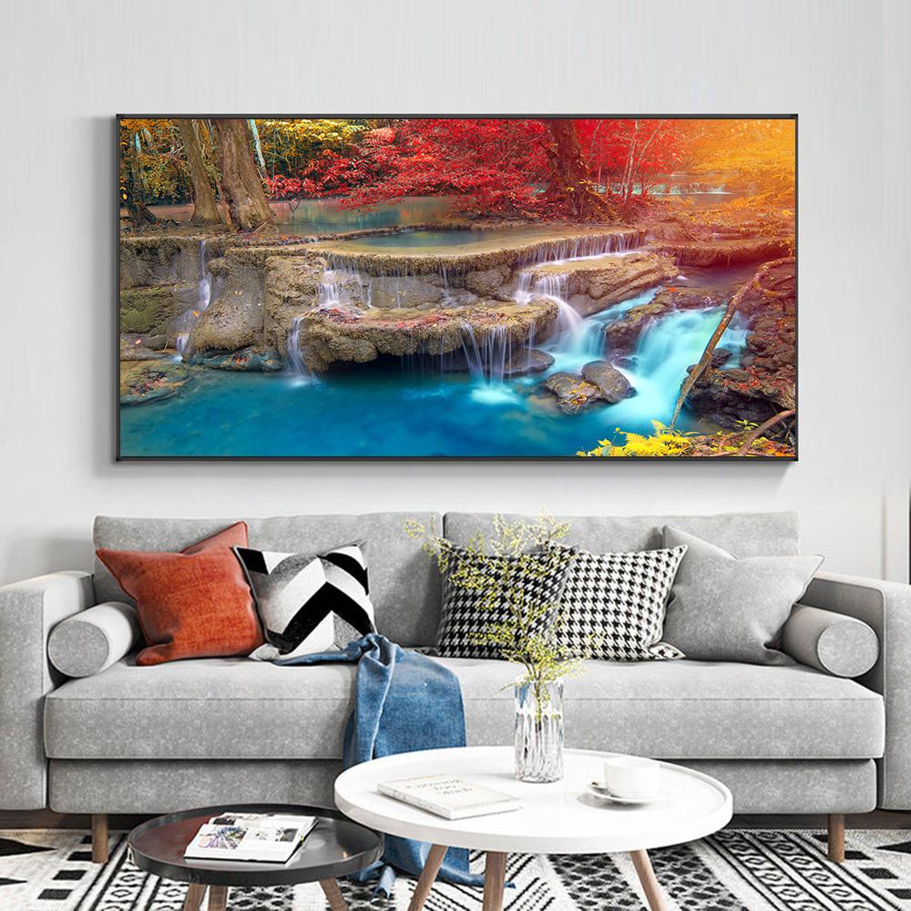 Landscape Natural Waterfall Canvas Painting Nature Red Tree Forest Posters And Prints Wall Art Pictures Home Decor No Frame