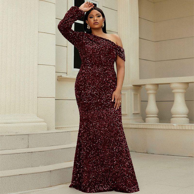 Plus-Size Gown for Curvy Women, Long-Sleeve Mermaid Evening Dress for Weddings, Banquets, and Birthdays, Sexy Evening Gown