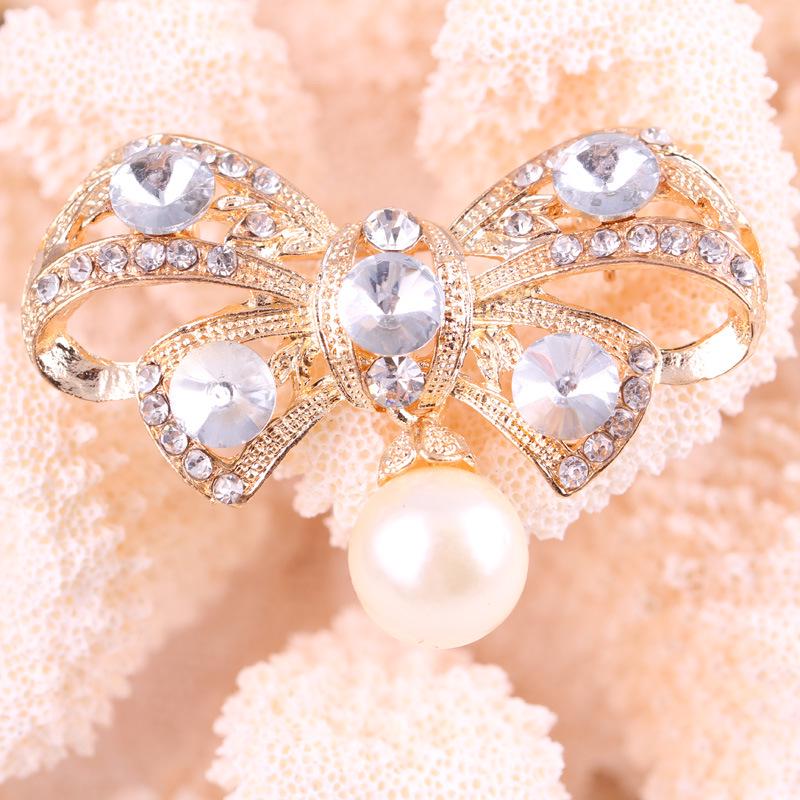 Handmade Bow Pearl Crystal Brooch Wedding Pin Female Buckle Exquisite Hypoallergenic Luxury Enamel Long-lasting Color Accessory