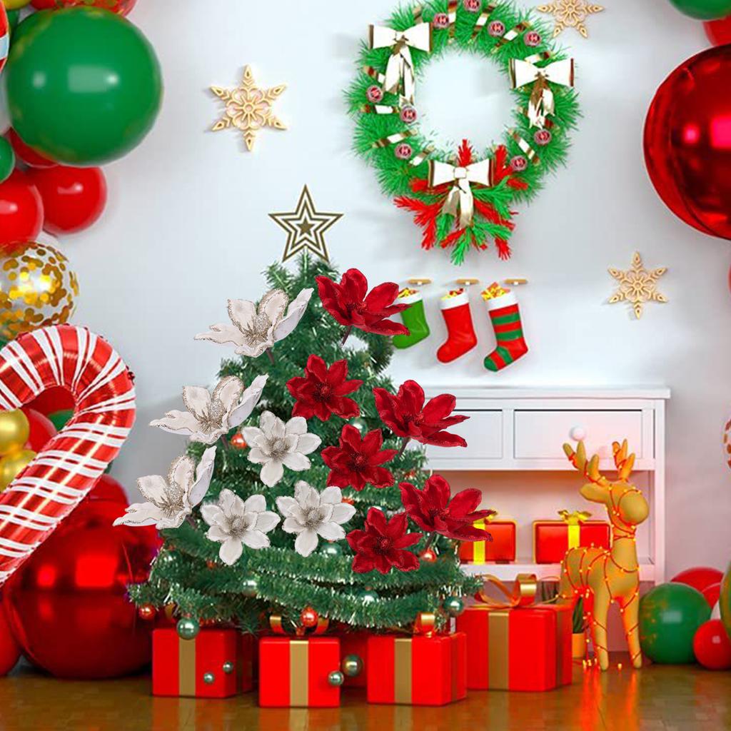 Christmas Flower Ornaments Artificial Red White Glitter Flowers For DIY Wreaths Crafts Wedding Holiday Party Decoration Supplies