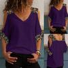 Women Half Sleeve V Neck Cold Shoulder Leopard Patchwork T-shirt Blouse