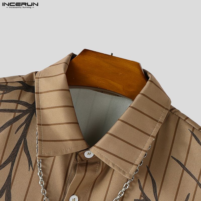 INCERUN Oversized Men Lapel Neck Short Sleeve Striped Print Casual Loose Shirts