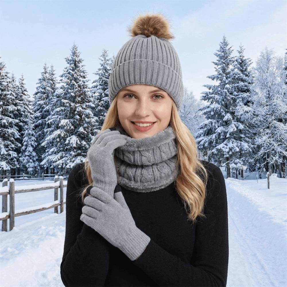 Beanie Hat Pompom Beanies Hat Thickened Winter Knitted Gloves Set Hat Scarf Gloves Set  Winter