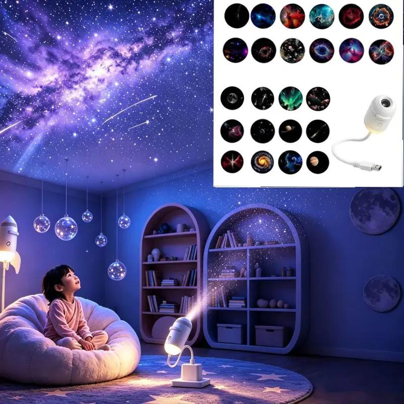 2-in-1 Mini Galaxy Star Projector Night Light Sliding Films Starry Sky Ambient Light 360° Rotating Background Atmosphere Light