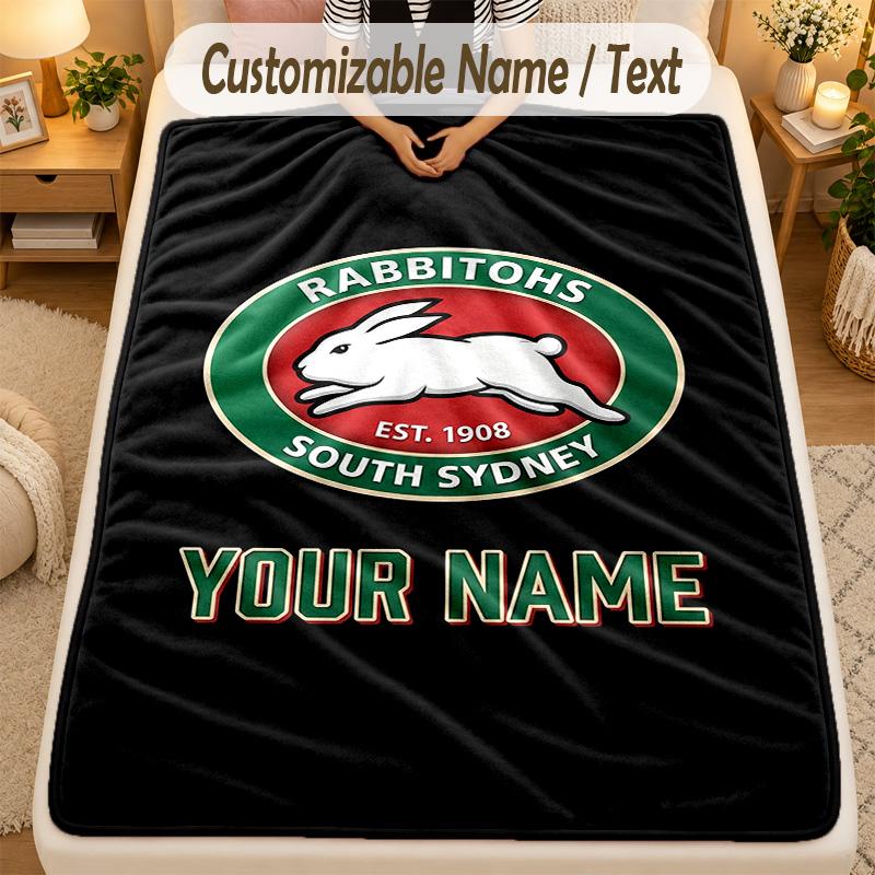 Flannel BlanketSouth Sydney Rabbitohs Custom Name Text Personalized Soft Warm Throw Blanket Home Decor Gift