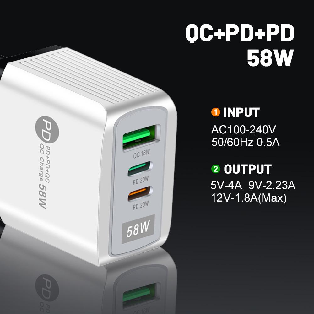 58W Dual Fast Charger with 2PD + QC3.0 for EU, US, UK, AU Plugs