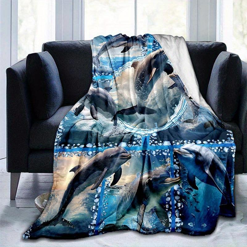 Jumping Dolphin Print Lightweight Flannel Blanket for Sofa Bed Camping Travel Office Daily Use
