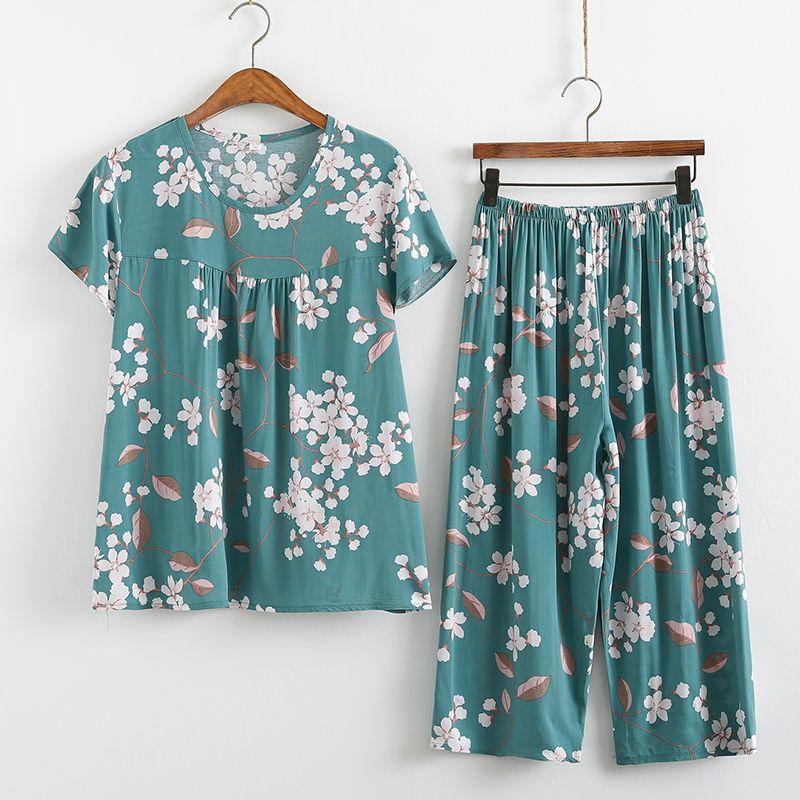 Baumwollseidenset Kurzarm-Caprihose für Damen mittleren Alters und ältere Frauen im Sommer, dünnes Oberteil, cooles Zuhause