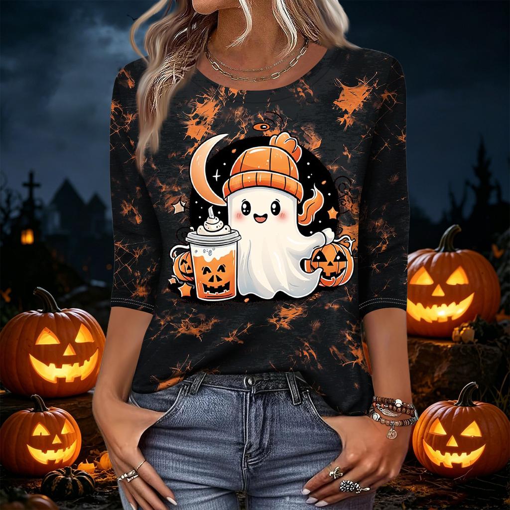 Women's Casual Three-Quarter Sleeve Neck T-Shirt with Halloween Print