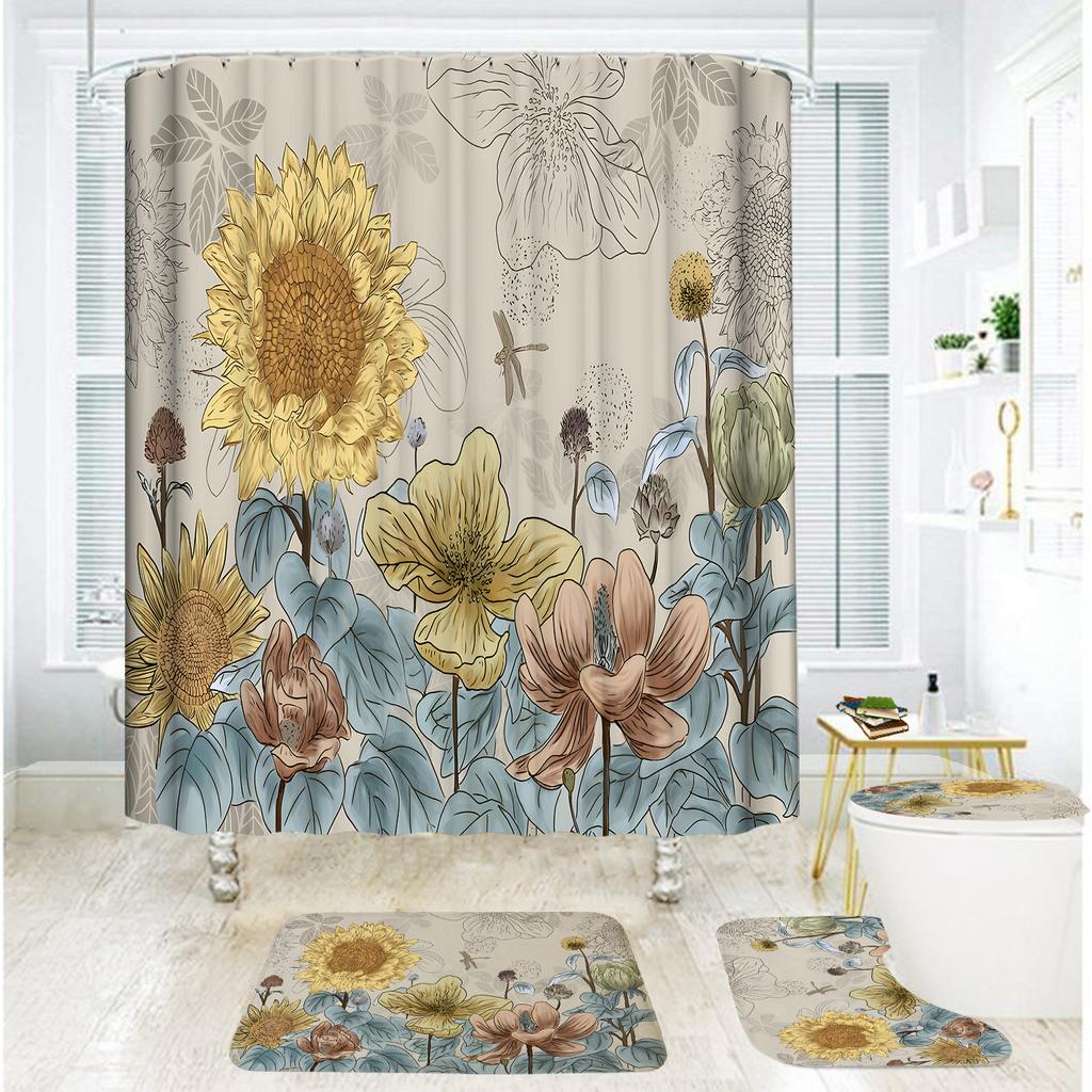 Bathroom Shower Curtain Four-Piece Shower Curtain Waterproof And Mildew-Proof Sunflower Shower Curtain Partition Curtain Free Of Punching