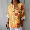 Women's Fashionable Casual V-neck Button Seven Quarter Sleeve Printed Cotton And Linen Top