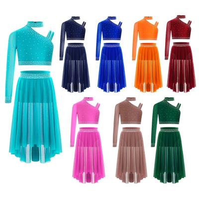 Barn Flickor Lyrical Dansset Glittrande Strass Toppar Unik Oregelbunden Axel Croptop med Sidosprund Hög-Låg Oregelbunden Nätkjol