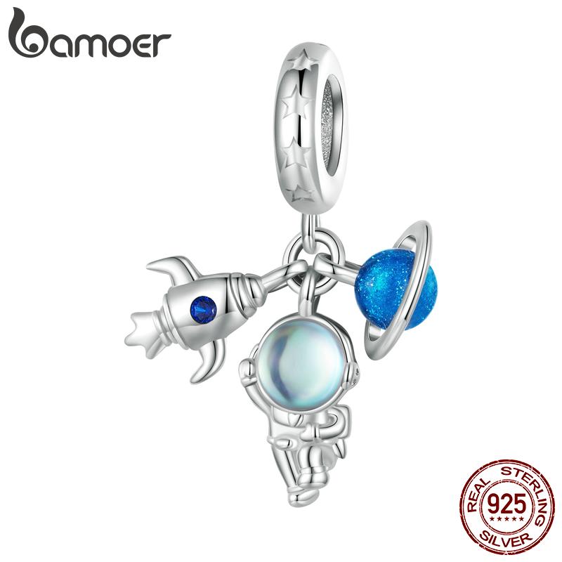 

BAMOER стерлингового серебра 925 пробы астронавт подвесная бусина защитная цепочка планетарная цепочка аксессуар для женщин браслет DIY ювелирные украшения B